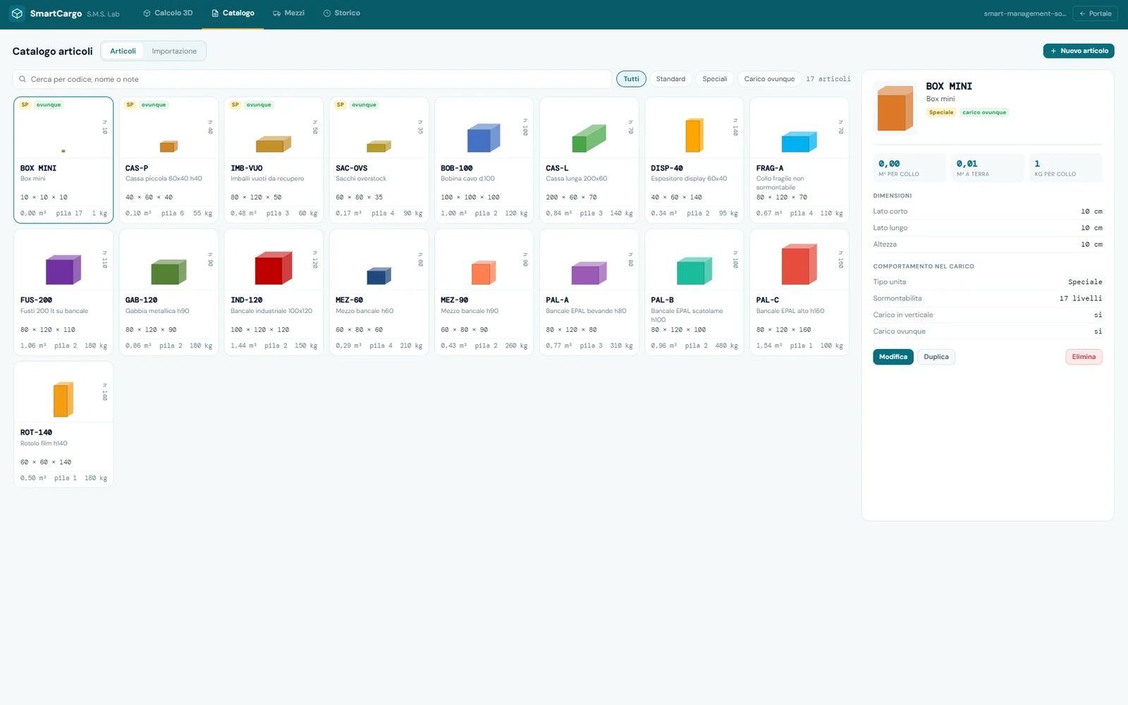 Catalogo articoli SmartCargo: dimensioni, tipo, sormontabilità e peso di ogni collo, con import da CSV o Excel