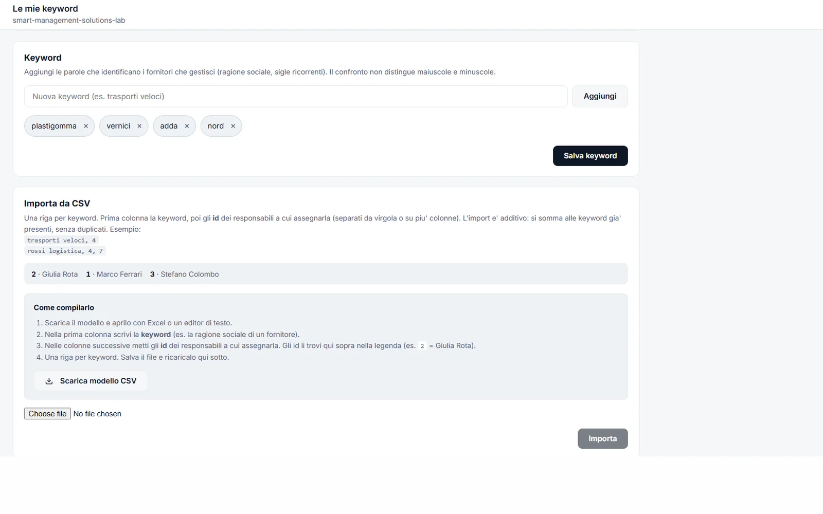 Keyword di instradamento: le parole che identificano ogni fornitore e i responsabili a cui vengono assegnate